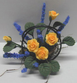 Dollhouse Miniature Yellow Roses/Wire Basket 1 1/4